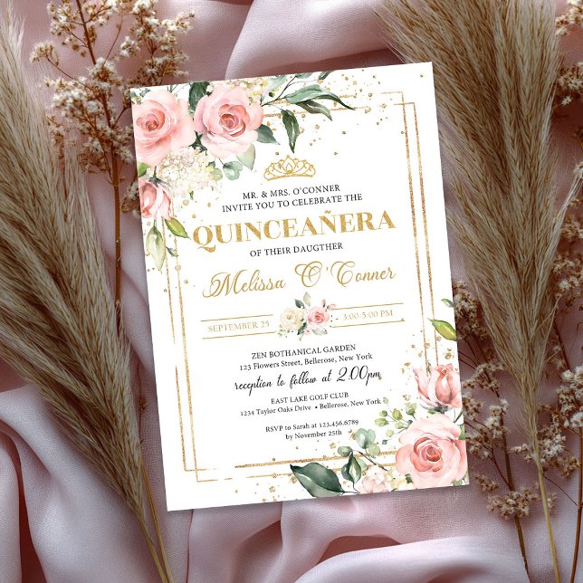 Boho Blush pink floral gold tiara quinceanera Invitation (Boho Blush pink floral gold tiara quinceanera Invitation)