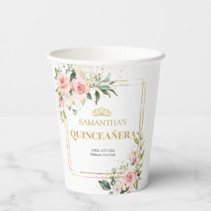 Boho Blush pink floral gold tiara Quinceanera Paper Cups