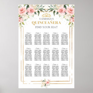 Boho blush pink floral gold tiara Quinceanera Poster
