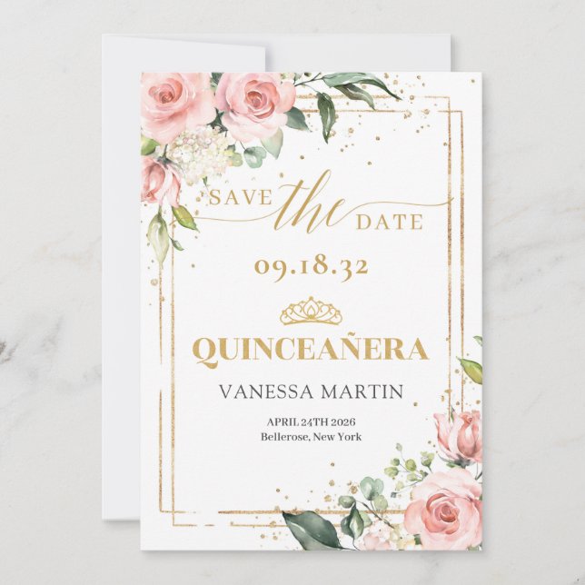 Boho Blush pink floral gold tiara Quinceanera Save The Date (Front)