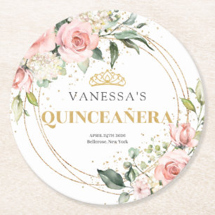 Boho Blush pink floral gold tiara sage Quinceanera Round Paper Coaster