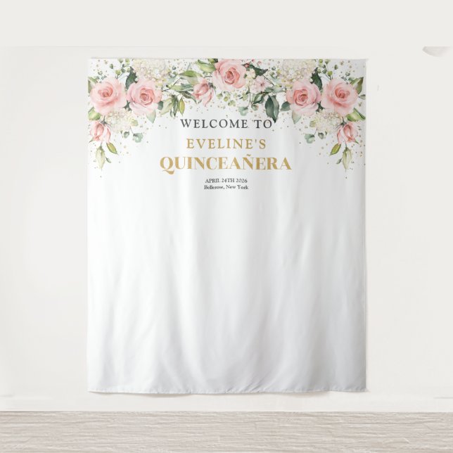 Boho Blush pink floral gold tiara sage Quinceanera Tapestry (Front)