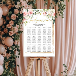 Boho blush pink floral gold wedding seating chart