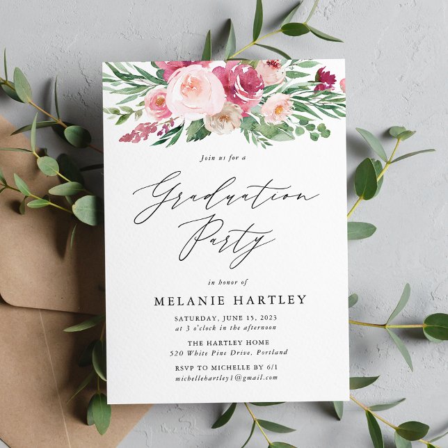 Boho Blush & Pink Floral Graduation Party Invitation (Creator Uploaded)