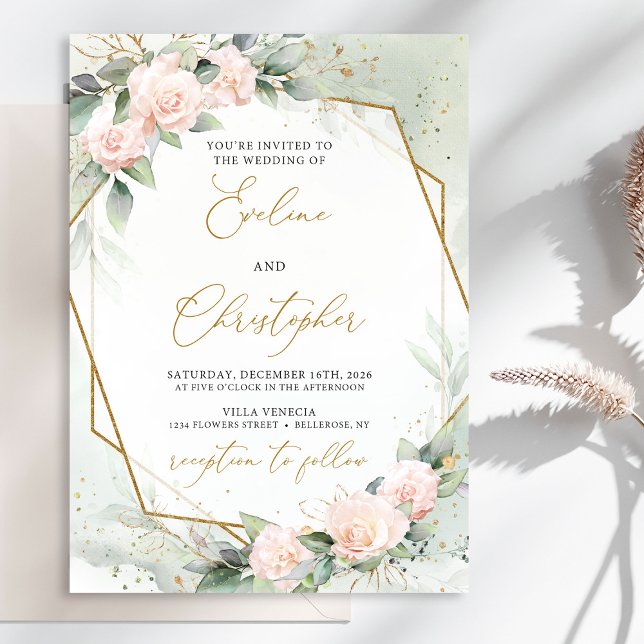 Boho Blush Pink Floral Greenery Gold Frame Wedding Invitation (Watercolor delicate blush roses eucalyptus and gold frame wedding invitation digital)
