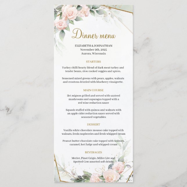 Boho Blush pink Floral Greenery Gold Frame Wedding Menu (Front)