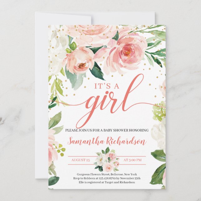 Boho Blush Pink Floral Greenery It's A Girl Baby Invitation (Front)