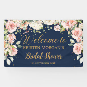 Boho blush pink floral greenery navy bridal shower banner