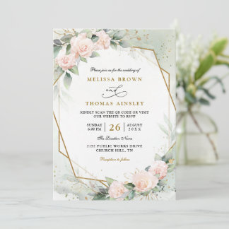 Boho Blush Pink Floral Greenery QR Code Wedding Invitation