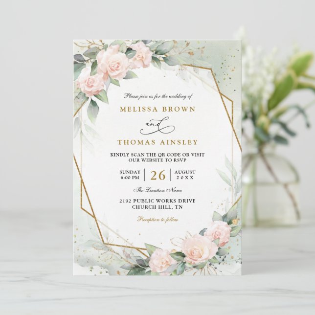Boho Blush Pink Floral Greenery QR Code Wedding Invitation (Standing Front)