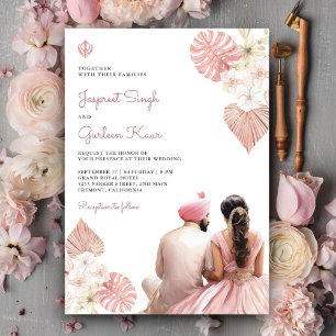 Boho Blush Pink Floral Indian Punjabi Sikh Wedding Invitation