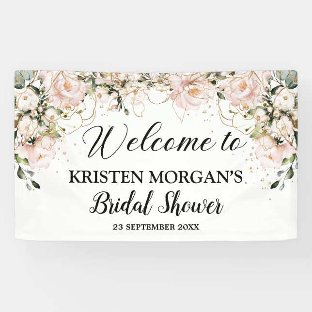 Boho blush pink floral roses gold bridal shower banner (Horizontal)
