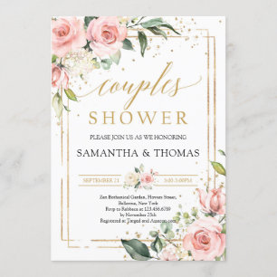 Boho blush pink floral roses gold couples shower invitation