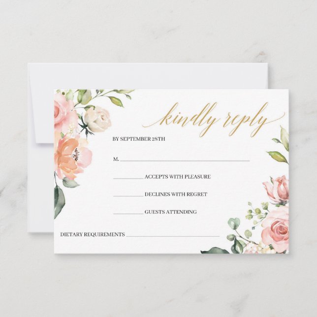 Boho Blush Pink Floral Roses Gold Geometric  RSVP Card (Front)