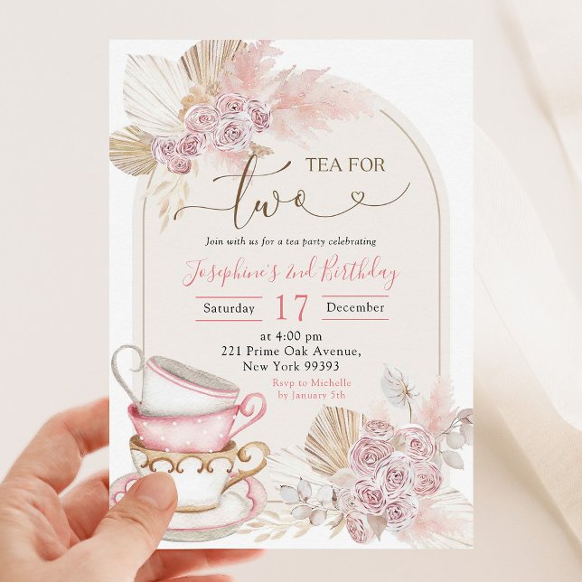 Boho Blush Pink Floral Tea for Two Birthday Invitation (Creator Uploaded)