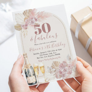 Boho Blush Pink Floral Wine Adult Birthday Invitation