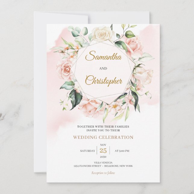Boho blush pink floral wreath eucalyptus gold invitation (Front)