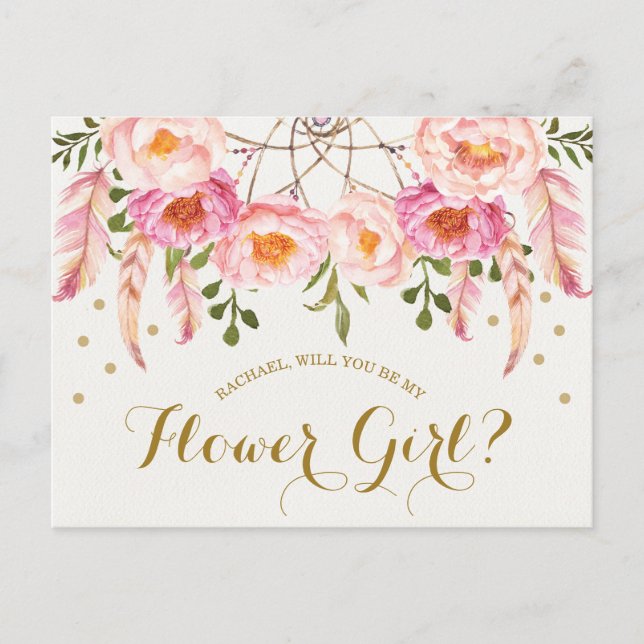 Boho Blush Pink Florals Flower Girl Proposal Card (Front)