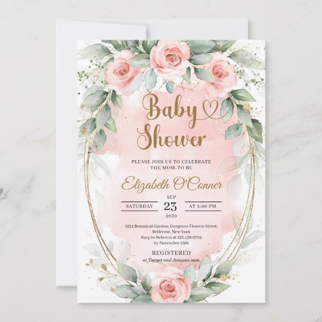 Boho blush pink flowers and eucalyptus gold frame invitation (Front)