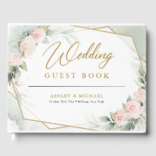 Boho Blush pink flowers greenery and gold wedding Guest Book