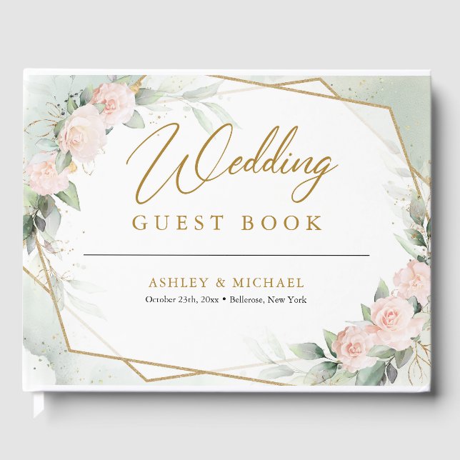 Boho Blush pink flowers greenery and gold wedding Guest Book (Front)