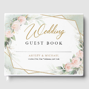 Boho Blush pink flowers greenery and gold wedding Guest Book