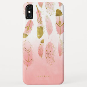 Boho Blush Pink & Gold Feathers Ombre Personalised iPhone XS Max Case