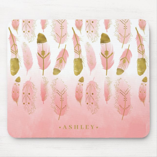 Boho Blush Pink & Gold Feathers Ombre Personalised Mouse Mat (Front)
