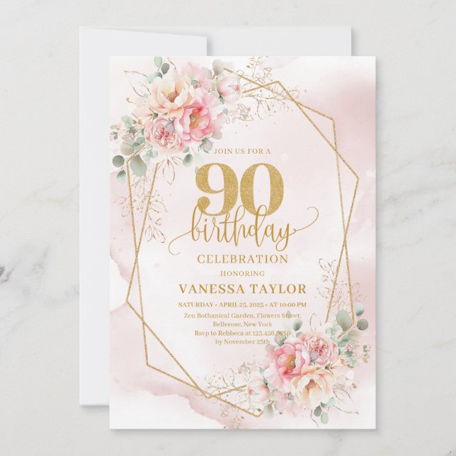 Boho Blush Pink Gold Floral 90th Birthday Invites (Front)
