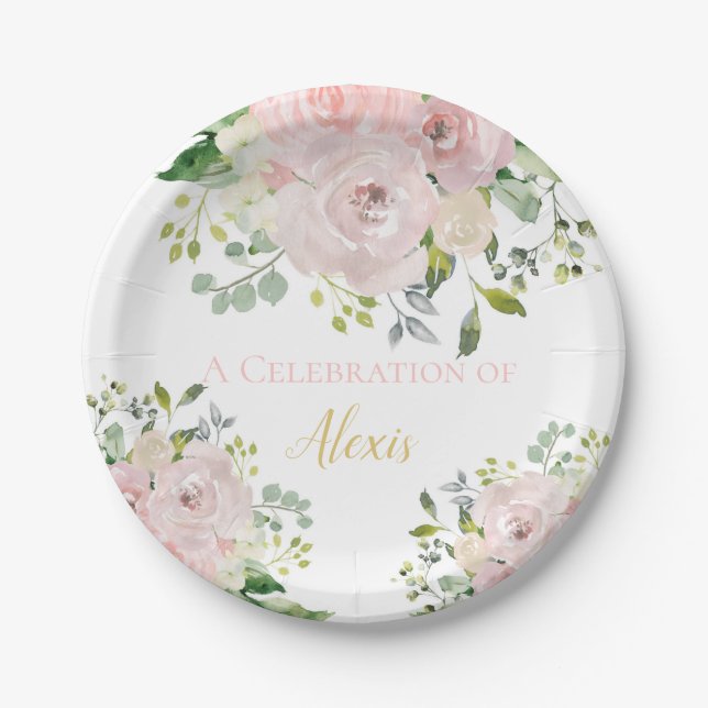 Boho Blush Pink Gold Floral Bridal or Baby Shower Paper Plate (Front)