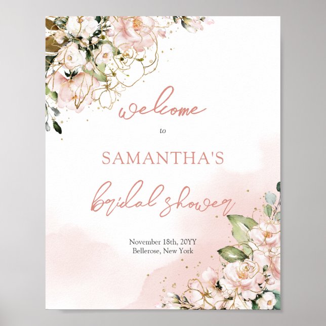 Boho blush pink gold floral bridal shower welcome poster (Front)