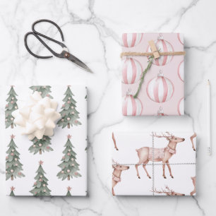 Boho Blush Pink Green Christmas Tree Reindeer Wrapping Paper Sheet