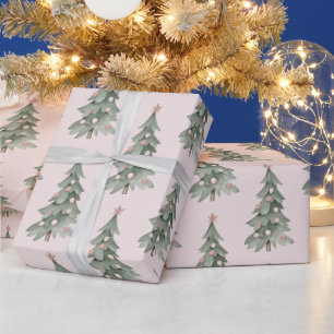 Boho Blush Pink Green Christmas Tree  Wrapping Paper