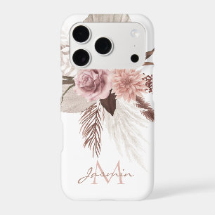 Boho Blush Pink Pampas Grass Floral Monogram