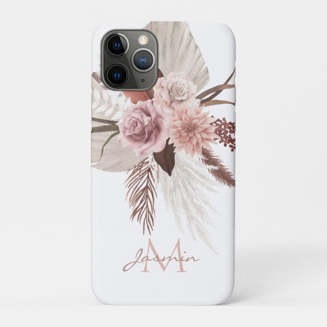 Boho Blush Pink Pampas Grass Floral Monogram Case-Mate iPhone Case (Back)