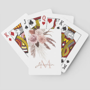 Boho Blush Pink Pampas Grass Monogram Playing Cards