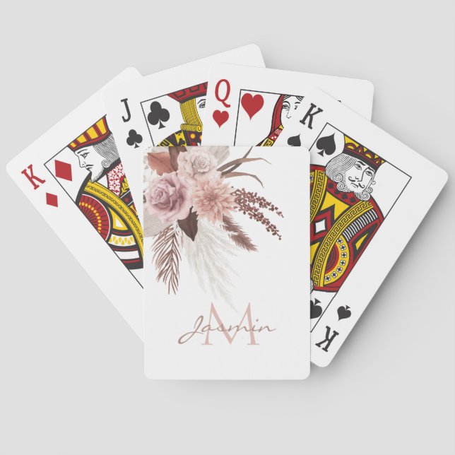 Boho Blush Pink Pampas Grass Monogram Playing Cards (Back)
