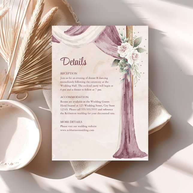 Boho Blush Pink Purple Canopy Wedding Details Card (Boho Blush Pink Purple Canopy Wedding Details Card on boho wedding table.)