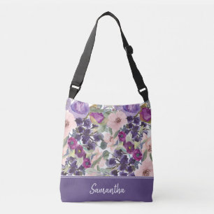 Boho Blush Pink Purple Watercolor Floral Monogram Crossbody Bag