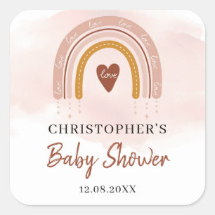 Boho Blush Pink Rainbow baby shower square sticker