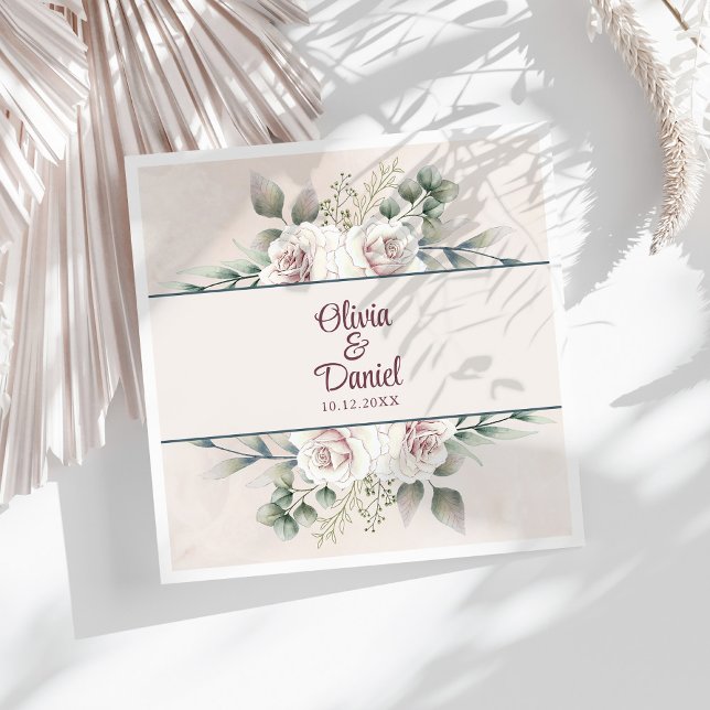 Boho Blush Pink Roses Custom Name Wedding  Napkin (Boho Blush Pink Roses Custom Name Wedding Paper Dinner Napkins on a sunny white table.)