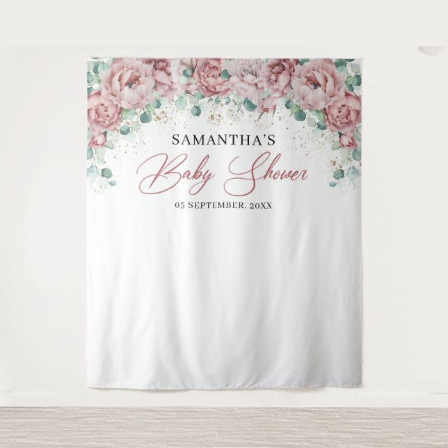 Boho blush pink roses eucalyptus gold baby shower tapestry (Front)