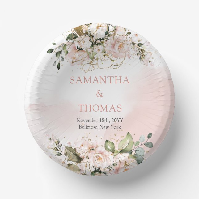 Boho blush pink roses eucalyptus greenery gold paper plate (Front)