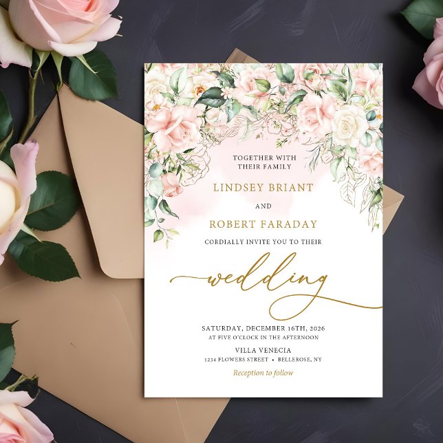 Boho Blush Pink Roses Flowers Romantic Wedding Invitation (Boho Blush pink floral eucalyptus gold wedding invitation digital )