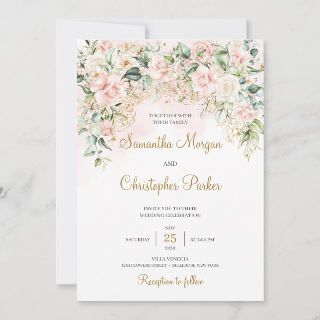 Boho Blush Pink Roses Flowers Romantic Wedding Invitation (Front)