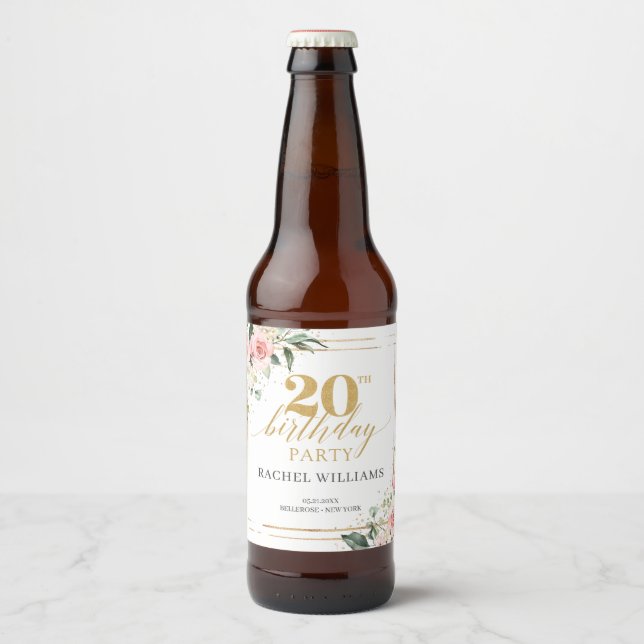 Boho blush pink roses gold glitter 20th birthday beer bottle label (Front)