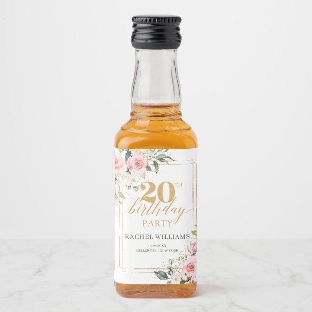 Boho blush pink roses gold glitter 20th birthday liquor bottle label (Front)