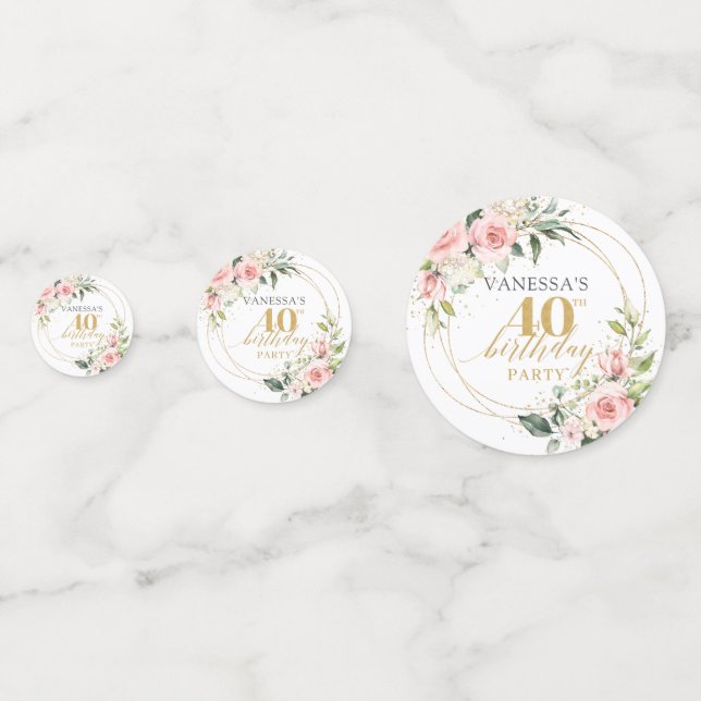 Boho blush pink roses gold glitter 40th birthday confetti (Fronts)