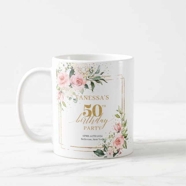 Boho blush pink roses gold sage 50th birthday coffee mug (Left)