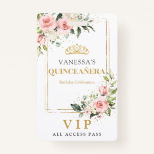 Boho blush pink roses gold tiara sage Quinceanera ID Badge